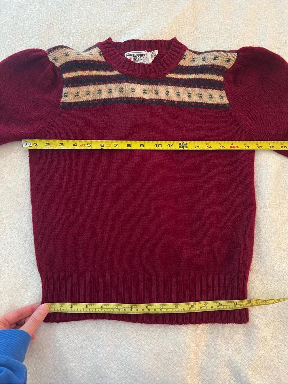 Vintage 1970s 1980s Shetland Wool Burgundy Fair Isle Sweater with Puff Sleeves